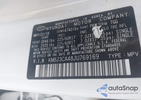 2018 Hyundai Tucson Sel z USA, uszkodzony, nr VIN KM8J3CA48JU769169